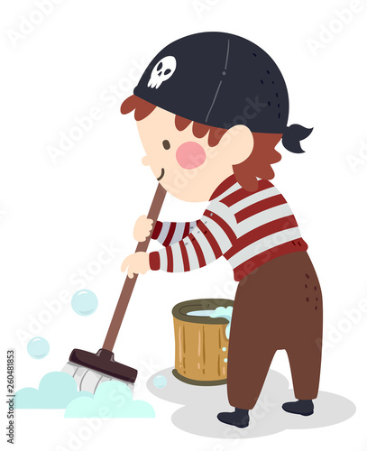 Kid Boy Pirate Mop Cleaning Illustration