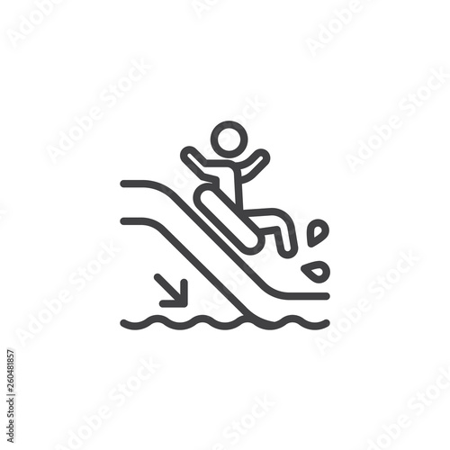 Man slide down on water slide line icon. linear style sign for mobile concept and web design. Aquapark water slide outline vector icon. Symbol, logo illustration. Pixel perfect vector graphics