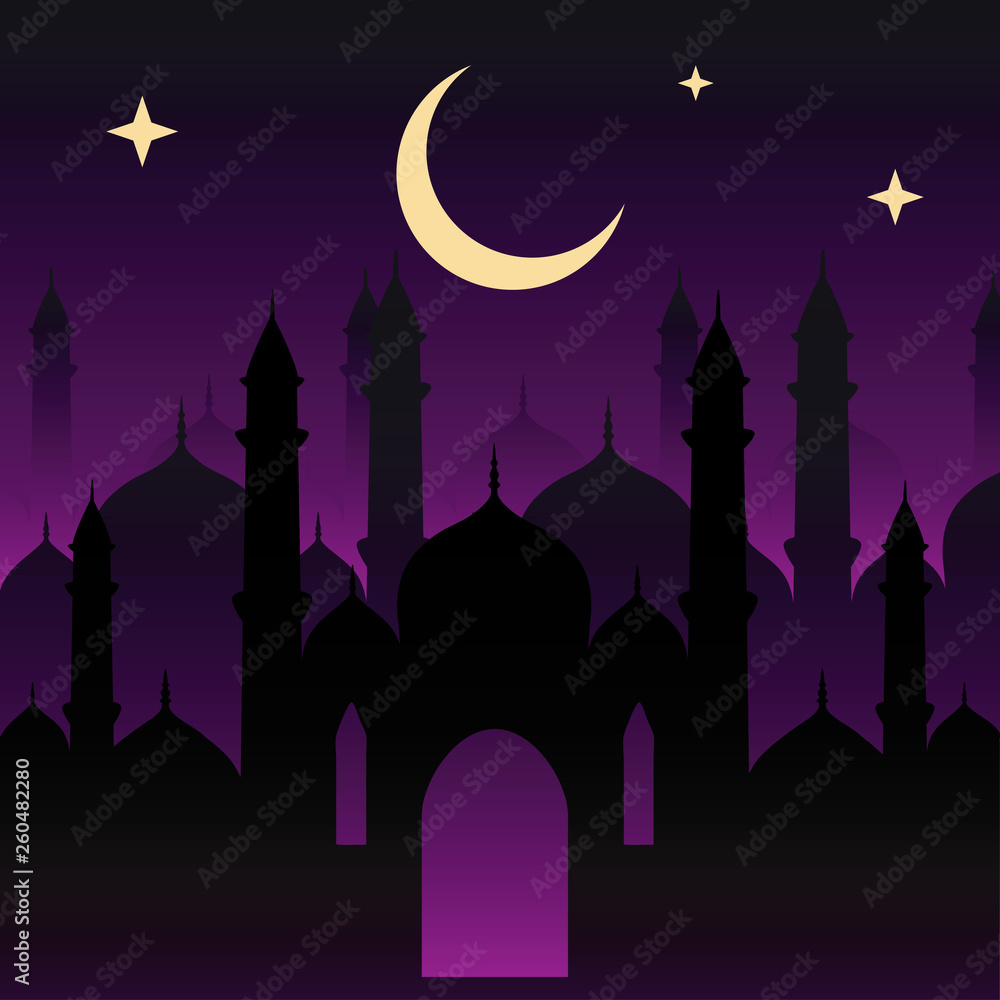 Illustration of a mosque and the moon.