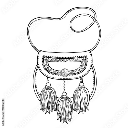 Outline Scottish sporran or small ornate pouch or bag with fur tassel in black isolated on white background. 