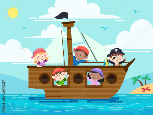 Kids Pirate Ship Wave Sea I...