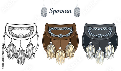 Set with outline black and silver Scottish sporran or small ornate bag with white fur tassel isolated on white background.