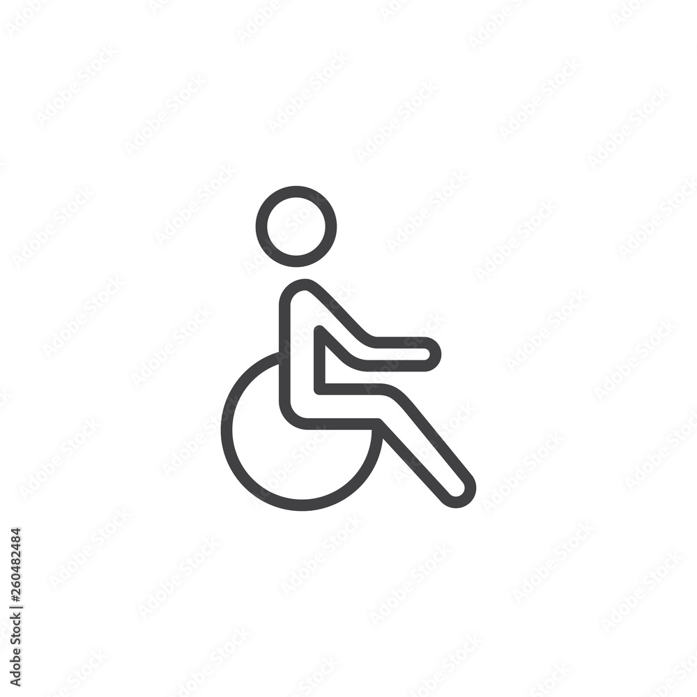 Disability, handicap line icon. linear style sign for mobile concept and web design. Wheelchair handicap outline vector icon. Symbol, logo illustration. Pixel perfect vector graphics Disability, handicap line icon. linear style sign for mobile concept and web design. Wheelchair handicap outline vector icon. Symbol, logo illustration. Pixel perfect vector graphics