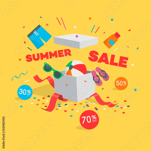 Special summer sale symbol with open gift, flying goods, discount labels and confetti, isolated on yellow background. Easy to use for your design with transparent shadows.