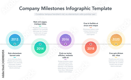 Modern infographic for company milestones timeline with colorful circles and place for your description. Easy to use for your website or presentation.