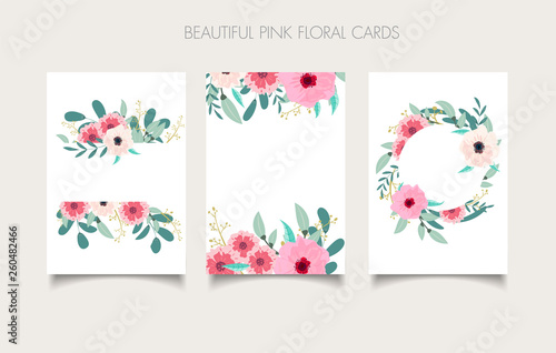 floral card invite, invitation,save the date  design with pink flower branches leaves