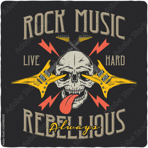 Electric guitars with skull. Vintage label, illustration, logotype. Vector illustration. T-shirt or poster design.