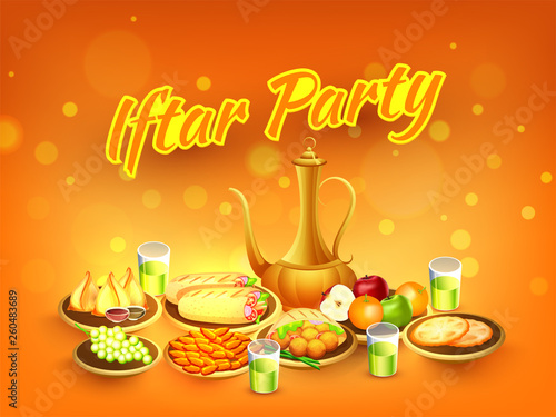 Elegant banner or poster design with illustration of food  jug and glass for Islamic Holy Month fasting  Iftar Party celebration.