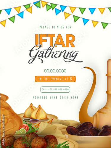 Creative Invitation Card design with illustration of different type food on white background for Iftar Gathering Party. photo