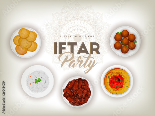 Iftar Party Celebration poster or flyer design with illustration of different type food on white background. photo