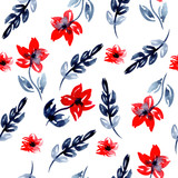 watercolor illustration of red simple poppies flowers and indigo leaves on white background pattern for fabric wrapping paper. drawn by hand.