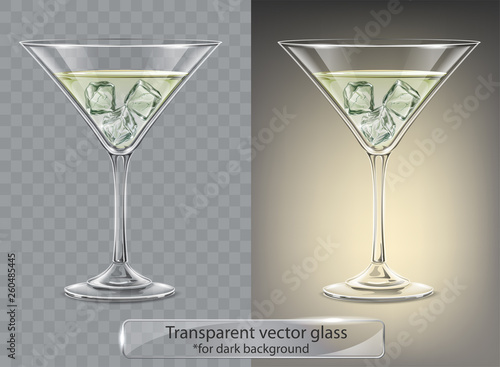 Transparent vector glass with Martini and ice for dark background