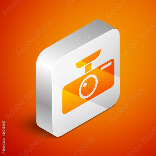 Isometric Car DVR icon isolated on orange background. Car digital video recorder icon. Silver square button. Vector Illustration