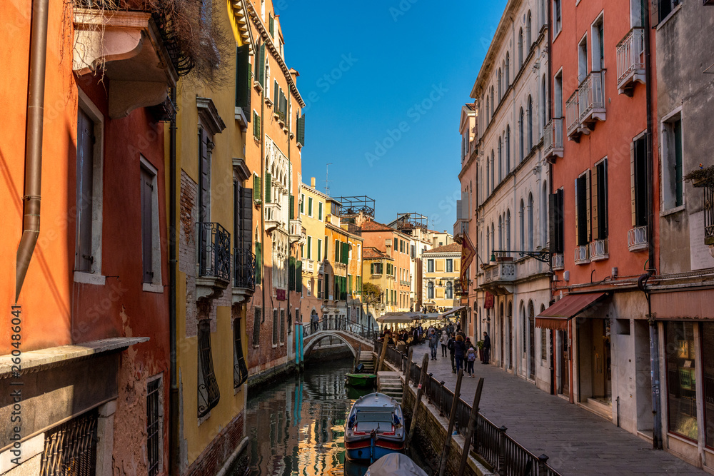 Italy, Venice, view of canals between the typical Venetian houses.