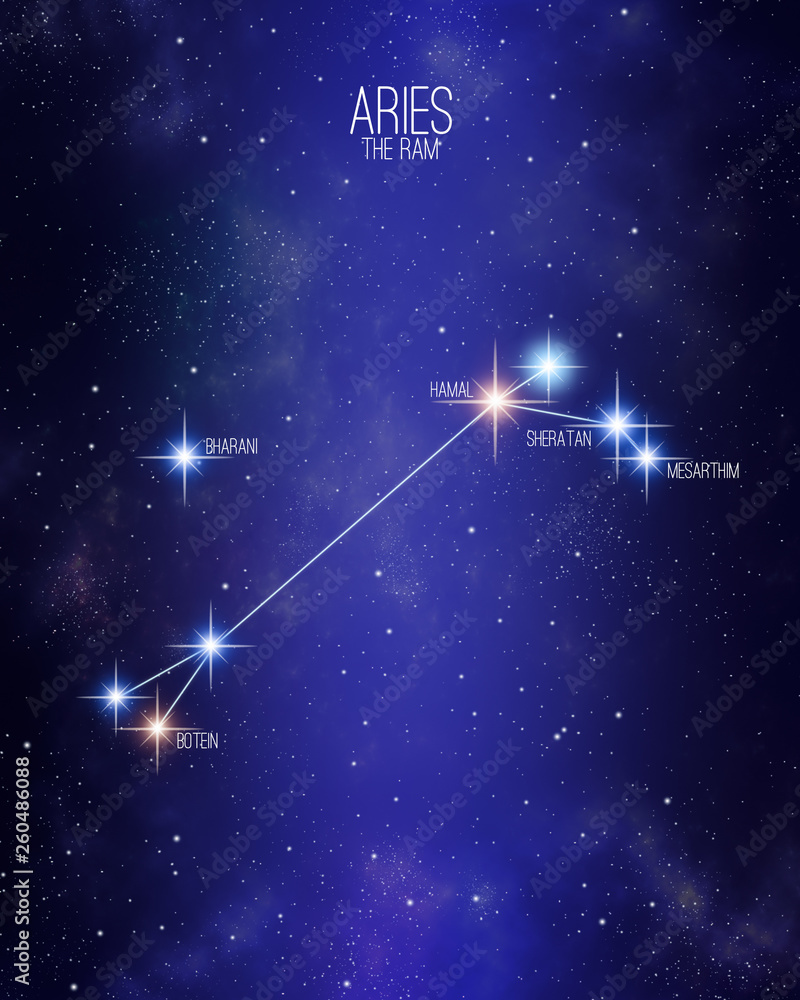 Aries the ram zodiac constellation map on a starry space background with  the names of its main stars. Stars relative sizes and color shades based on  their spectral type. ilustración de Stock