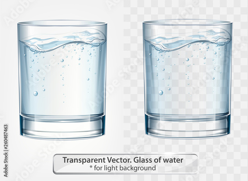 Transparent vector glass of water with fizz on light background