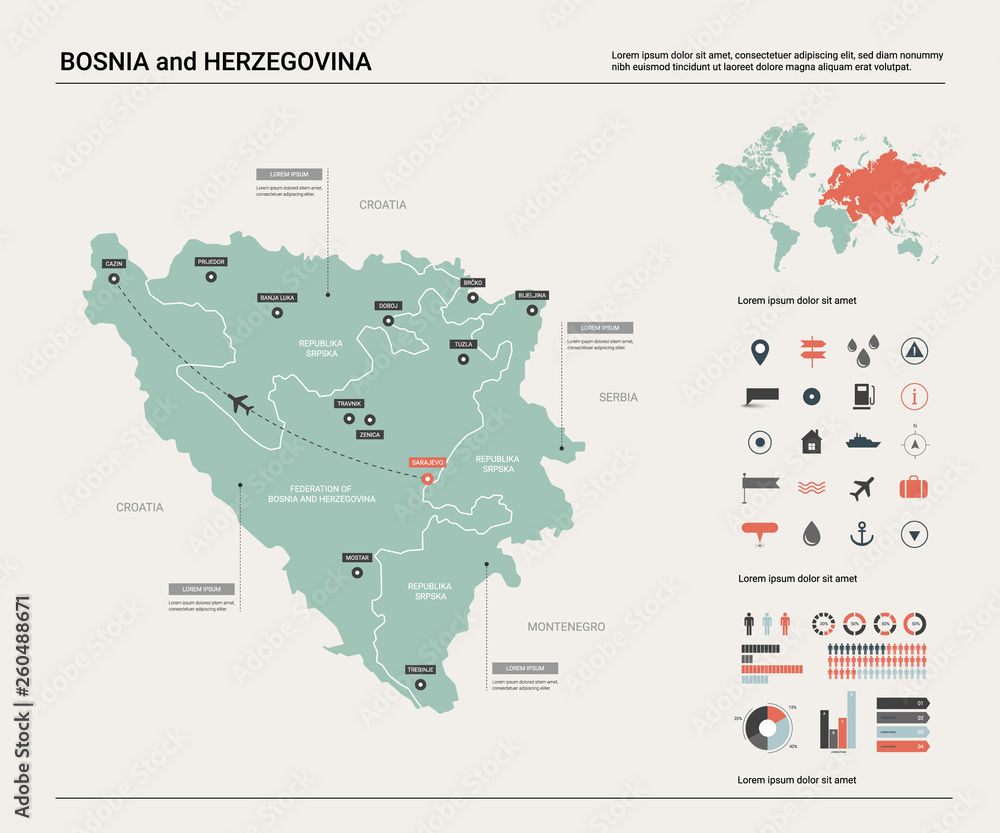 Vector map of Bosnia and Herzegovina.  High detailed country map with division, cities and capital Sarajevo. Political map,  world map, infographic elements.