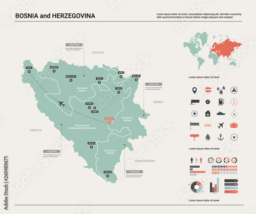 Vector map of Bosnia and Herzegovina. High detailed country map with division, cities and capital Sarajevo. Political map, world map, infographic elements.