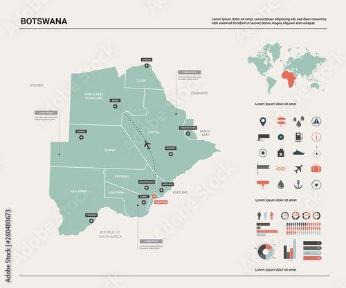 Vector map of Botswana. High detailed country map with division, cities and capital Gaborone. Political map, world map, infographic elements.