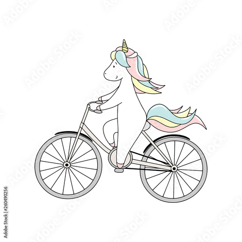 Cute little unicorn is riding a bicycle. Hand drawn vector illustration.