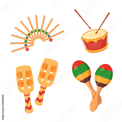 Beautiful percussion-noise musical instruments: rattles, drum, maracas, with decorative ornaments.