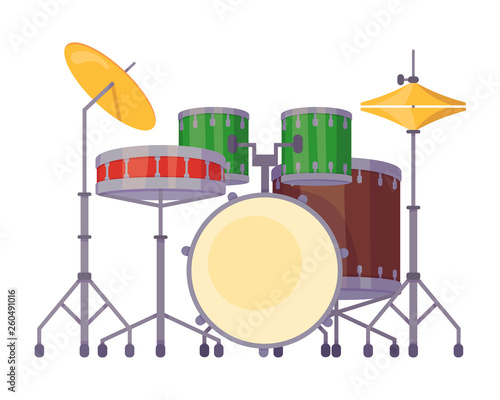 Percussion musical instrument, drum kit with sound barrels, plates, sticks.