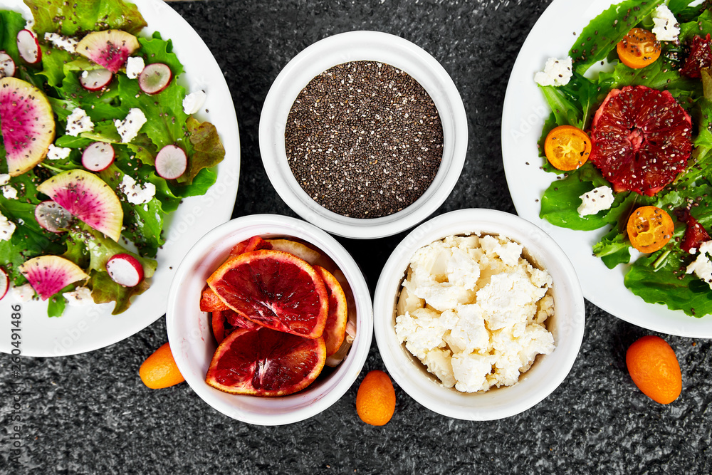 Mix salads. Vegan, vegetarian, clean eating, dieting, food concept. Mix salads. Vegan, vegetarian, clean eating, dieting, food concept.