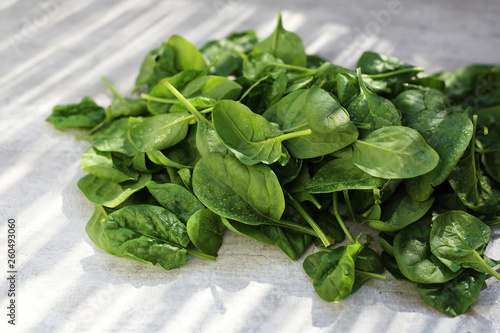 Baby spinach, fresh green leaves on the kitchen counter.