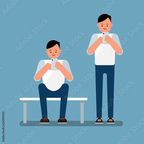 young man using smartphone browsing internet, stand up and sit down posture