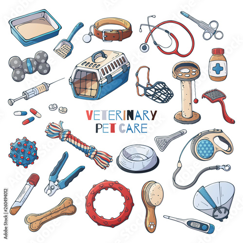 Group of vector illustrations on the veterinary pet care theme; accessories for cats and dogs. Isolated objects for your design. Each object can be changed and moved.