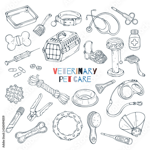 Group of vector illustrations on the veterinary pet care theme; accessories for cats and dogs. Isolated objects for your design. Each object can be changed and moved.