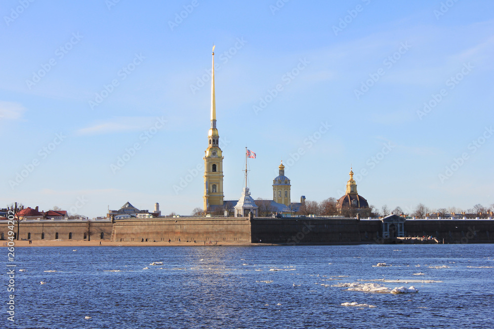 Peter and Paul Fortress in St. Petersburg, Russia. Scenic close up view of old castle architecture with church on Hare's island 