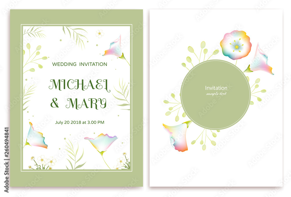 Wedding invitation. Flowers. Floral background. Green leaves. White.  Color.