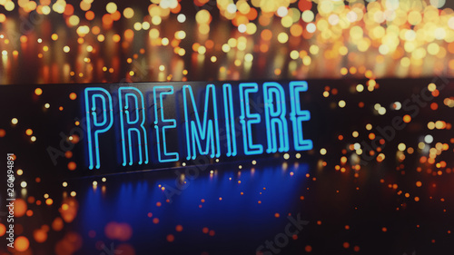 Neon Premiere Sign Abstract Background. 3D illustration