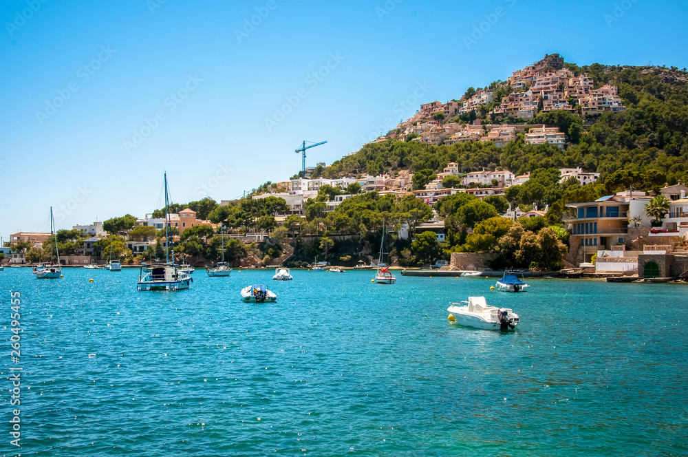 Boats in the water of Bay port de Andratx, Mallorca Spain	