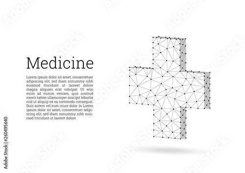 Medical cross low poly wireframe style. Medicine, first aid concept. Medical and pharmacy vector sign. Abstract polygonal design of medical cross. White background, black lines, polygons and points.