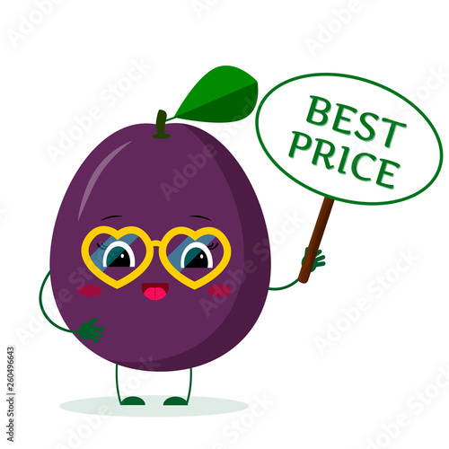 Kawaii ute purple plum cartoon character in yellow heart glasses in the hands of the plate is the best price. Vector illustration, a flat style
