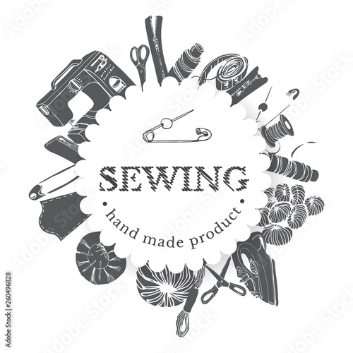 Circle composition with inverted  items for sewing. Hand drawn monochrome sketch of different elements isolated on white background.