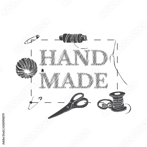 Composition with inverted  items for sewing. Hand drawn monochrome sketch of different elements isolated on white background.