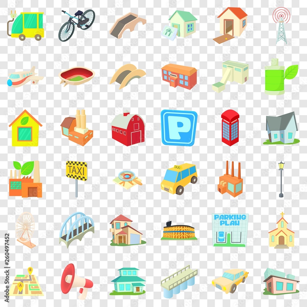 City icons set. Cartoon style of 36 city vector icons for web for any design