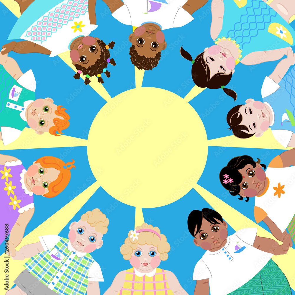 bright children's card with images of children of different nationalities, symbolizes friendship between Nations bright children's card with images of children of different nationalities, symbolizes friendship between Nations