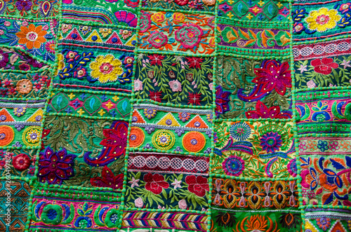 Colorful hand stitched blankets displayed on the wall  situated in the fort complex  Jaisalmer  Rajasthan  India.