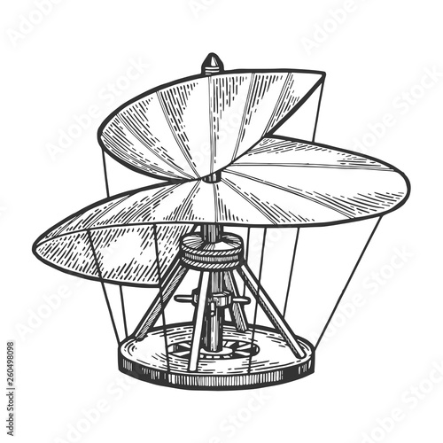 Medieval helicopter model sketch engraving vector illustration. Scratch board style imitation. Hand drawn image.