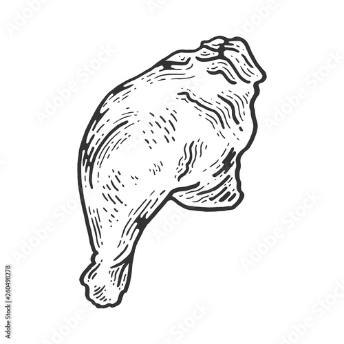 Chicken leg meat food sketch engraving vector illustration. Scratch board style imitation. Black and white hand drawn image.