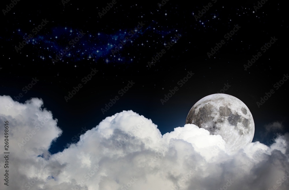 Night sky scene mock-up with white clouds, full moon and distant stars