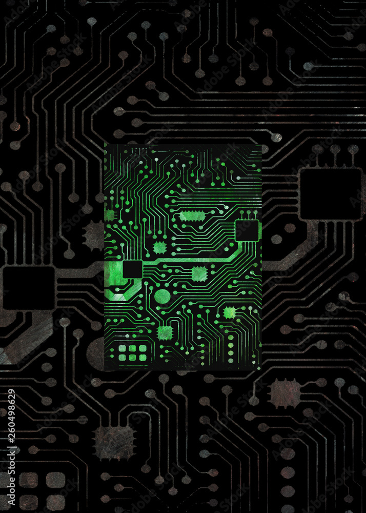 Abstract texture of gray and light green computer chips on a dark background