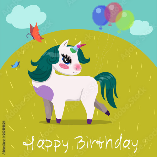 Birthday card with unicorn with balls on the glade vector image
