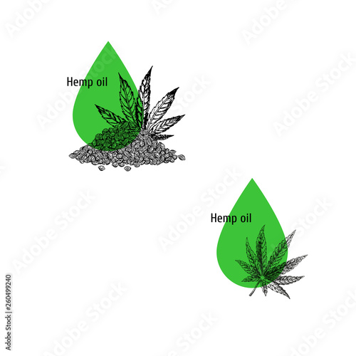 Hemp oil icon set. Hand drawn cannabis sketch. Extract of plant marijuana. Vector illustration