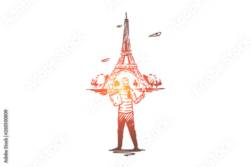 France, Paris, Eiffel, tower, man, baguette concept. Hand drawn isolated vector. © drawlab19