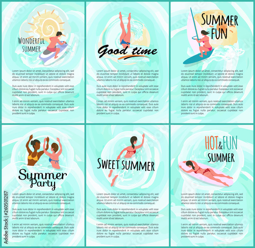 Summer time vector, people relaxing in water woman laying on surfboard, surfing and windsurfing, man sitting on water bike motor transport swimming friends